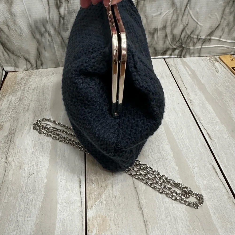 Navy Blue Crochet Knit Clutch Removable Crossbody Chain Strap Boho Chic Metro